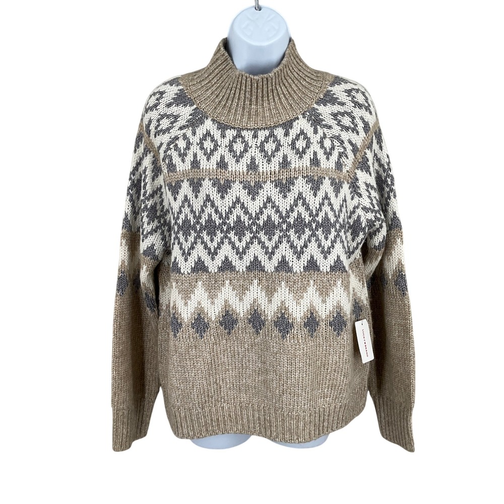Lucky Brand Sweater Womens Sz S Tan Fair Isle Mock Neck Boho Neutral Cozy New